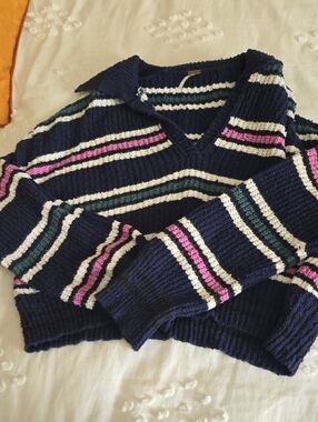 Free People Navy Striped VNeck Sweater with Pink, Cream, and Green AccentsMedium